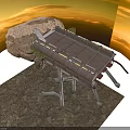 Industrial Textured Metal Structure On Rock With Leg Supports And Moss