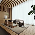 Serene Tea Room Interior With Wooden Shelves Tea Table Chairs Plants And Curtains