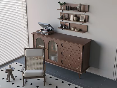Vintage Wooden Dresser With Record Player On Top And Rattan Chair Near Wall Shelves 3d model