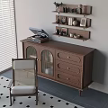 Vintage Wooden Dresser With Record Player On Top And Rattan Chair Near Wall Shelves