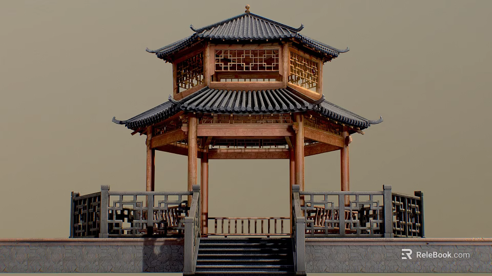 Ancient Chinese Architecture Octagonal Pavilion Multi Layered Roof Black Tiles Wooden Pillars Railing and Steps 3d model 