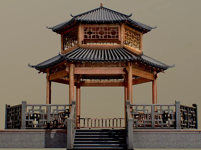 Ancient Chinese Architecture Octagonal Pavilion Multi Layered Roof Black Tiles Wooden Pillars Railing and Steps 3d model