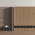 Gray And Wooden Numbered Lockers With Locks And Lower Open Shelves