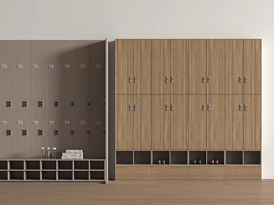 Gray And Wooden Numbered Lockers With Locks And Lower Open Shelves 3d model