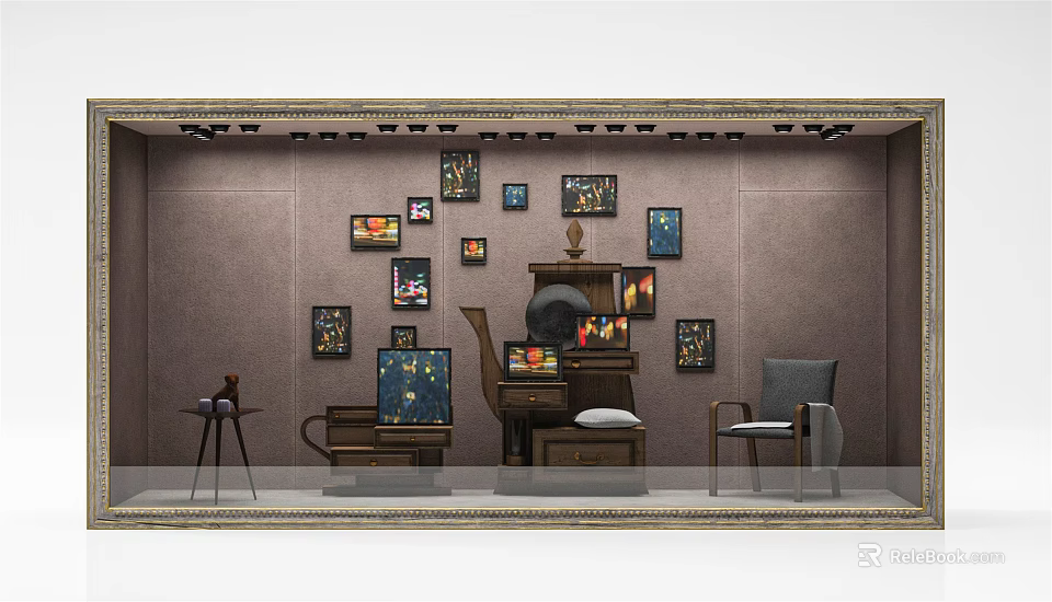 Window Display Featuring Various Paintings Classic Furniture And Decorative Elements 3d model 
