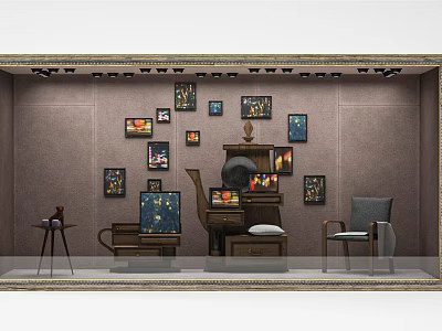 Window Display Featuring Various Paintings Classic Furniture And Decorative Elements 3d model