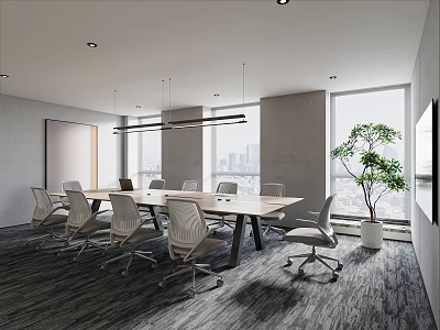 Modern Conference Room Interior With Table Office Chairs City View Window Plant And Lighting 3d model