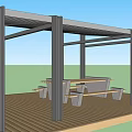 Outdoor Pergola Structure With Metal Frame Wooden Deck Table And Bench Seating 3d model