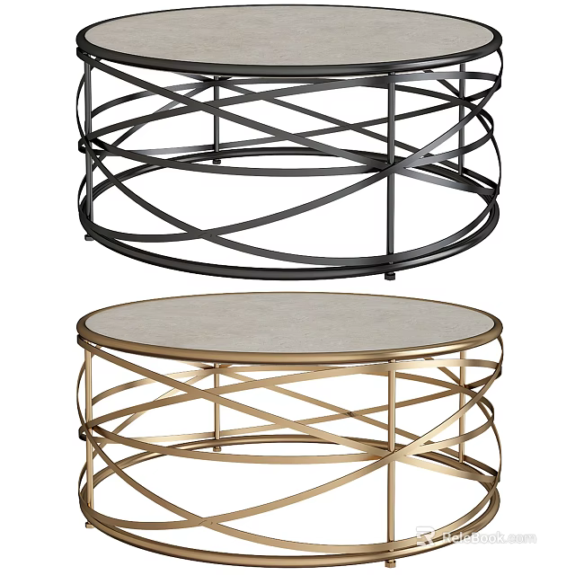 Elegant Modern Coffee Table With Circular Crisscross Metal Frame And Marble Top In Black Gold 3d model 
