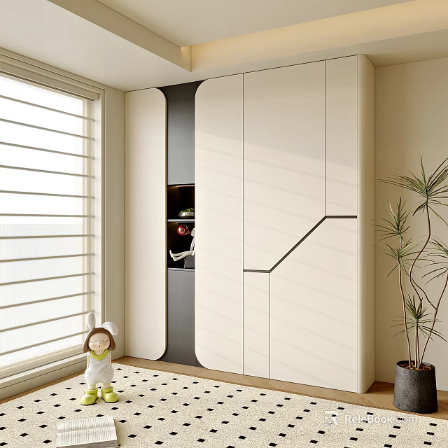 Modern Decorative Cabinet With White And Black Sleek Design Near Window Blinds And Plant 3d model 