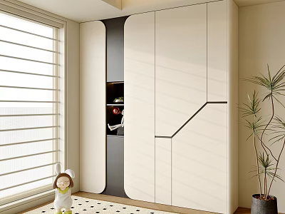 Modern Decorative Cabinet With White And Black Sleek Design Near Window Blinds And Plant 3d model
