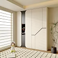 Modern Decorative Cabinet With White And Black Sleek Design Near Window Blinds And Plant
