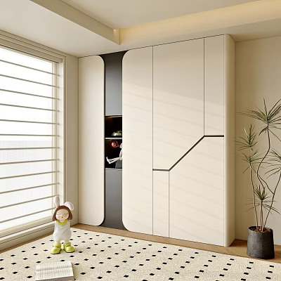 Modern Decorative Cabinet With White And Black Sleek Design Near Window Blinds And Plant 3d model