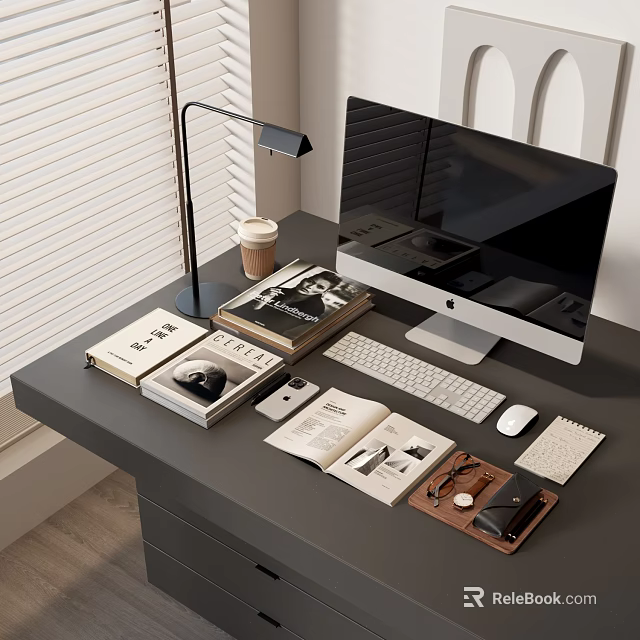 Modern Workspace Setup With Computer Keyboard Mouse Desk Lamp Coffee Cup Books 3d model 