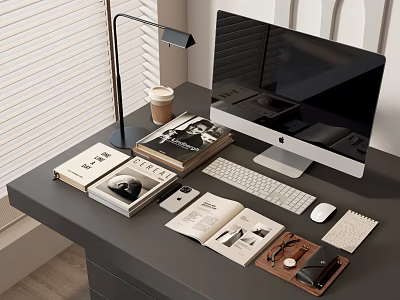 Modern Workspace Setup With Computer Keyboard Mouse Desk Lamp Coffee Cup Books 3d model