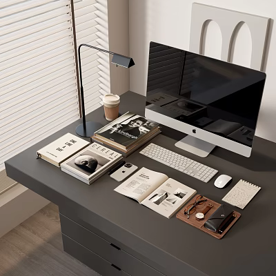 Modern Workspace Setup With Computer Keyboard Mouse Desk Lamp Coffee Cup Books 3d model
