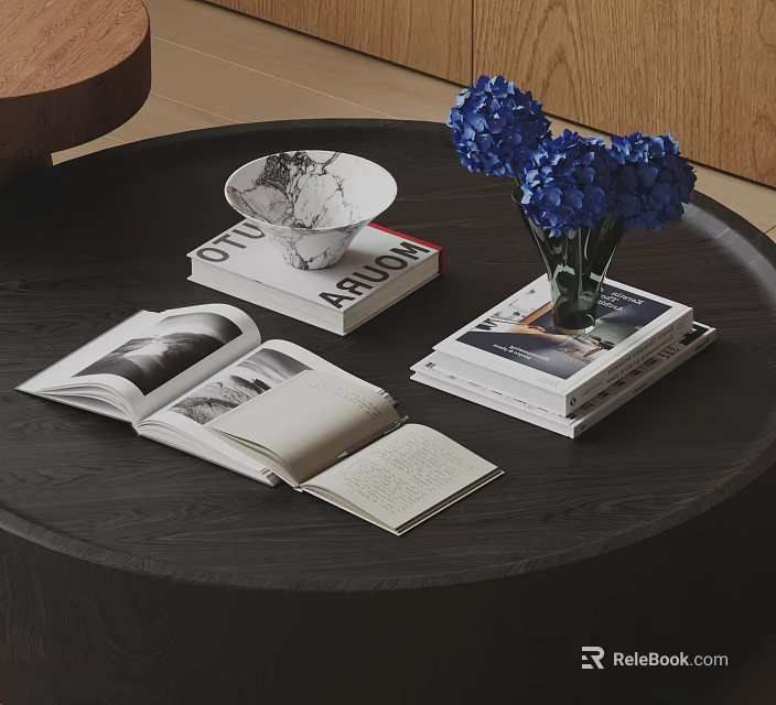 Open Books and Magazines on Dark Wooden Table with White Bowl and Blue Hydrangeas 3d model 