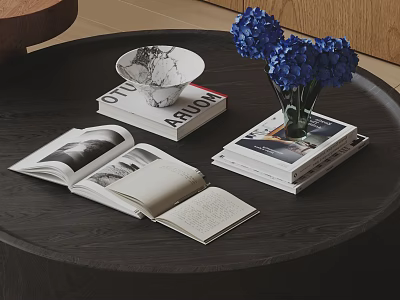 Open Books and Magazines on Dark Wooden Table with White Bowl and Blue Hydrangeas 3d model