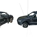 Two Wrecked Blackened Cars With Open Doors And Broken Windows After Collision