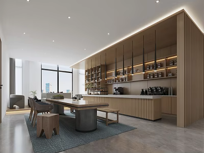 Modern Café Interior Design With Wooden Shelves Long Table And Natural Light 3d model