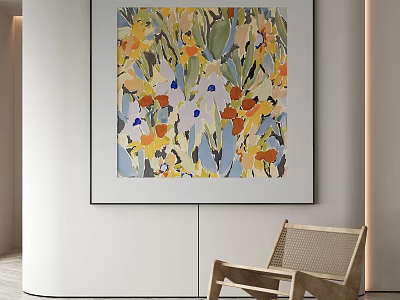 Abstract Painting With Vibrant Colors Floral Elements Displayed In Modern Room With Wooden Chair 3d model