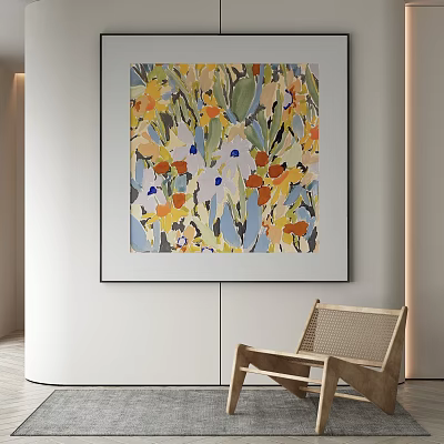 Abstract Painting With Vibrant Colors Floral Elements Displayed In Modern Room With Wooden Chair 3d model