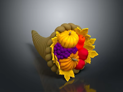 Autumn Harvest Cornucopia Filled With Fresh Pumpkins Apples Grapes And Yellow Leaves 3d model
