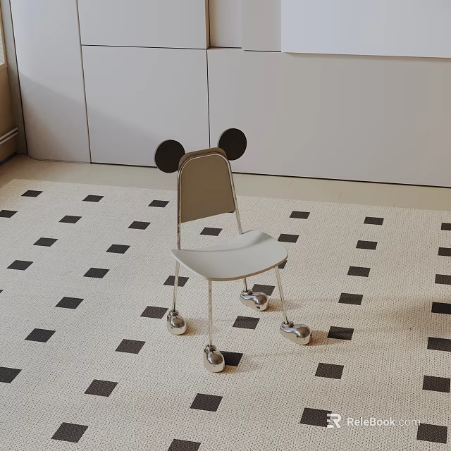 Cute Mickey Mouse Ear Design Accent Chair With Wheels On Black And White Checkered Rug 3d model 