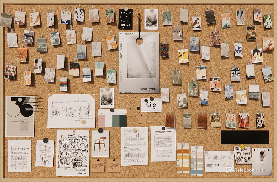 Creative Corkboard Photo Wall With Photos Drawings Notes And Color Swatches 3d model 