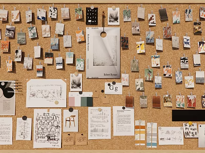 Creative Corkboard Photo Wall With Photos Drawings Notes And Color Swatches 3d model