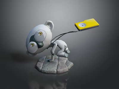 White Koala like Character Carrying Yellow Device on Stone Base with Big Eyes 3d model