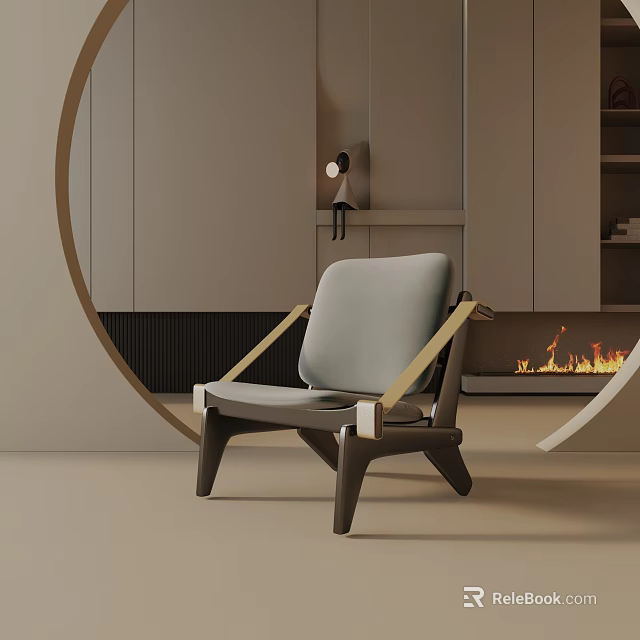 Modern Leisure Chair With Gray Cushion And Wooden Frame In Cozy Living Room With Fireplace 3d model 