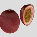 Whole Deep Red Passion Fruit and Halved with Orange Yellow Pulp and Green Seeds