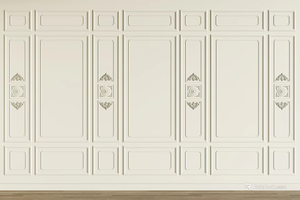 White Wainscoting Wall Featuring Geometric Line Details And Decorative Accents 3d model