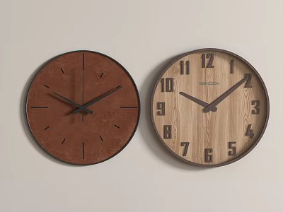 Two Stylish Round Wall Clocks Brown Textured And Wooden Numbered Dials 3d model