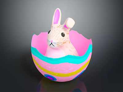 Cute White Rabbit Sitting Inside Pink Eggshell With Blue Yellow Purple Decorative Patterns 3d model