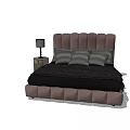 Modern Double Bed Featuring Tufted Brown Headboard Black Bedspread Gray Pillows And Bedside Table