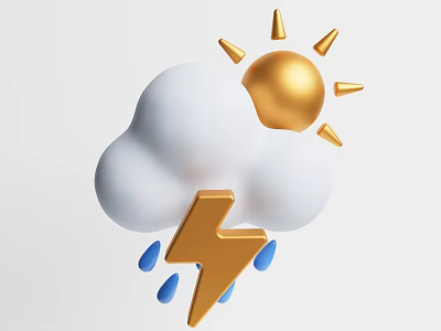 Creative Window Display Decoration With White Cloud Golden Sun Lightning Bolt And Blue Raindrops 3d model