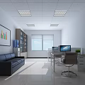 Modern Open Office Interior With Black Leather Sofa Desks Computers And Wall Chart 3d model