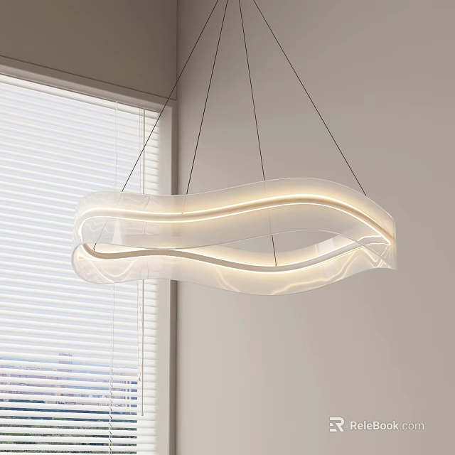 Curved White Pendant Light with Glowing Light Strips Hanging in White Room with Window Blinds 3d model 