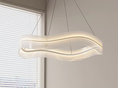 Curved White Pendant Light with Glowing Light Strips Hanging in White Room with Window Blinds 3d model