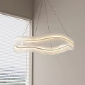 Curved White Pendant Light with Glowing Light Strips Hanging in White Room with Window Blinds