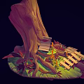 Cartoon Scene Big Tree With Tree House Under Roots Grass Fallen Leaves And Wooden Fence