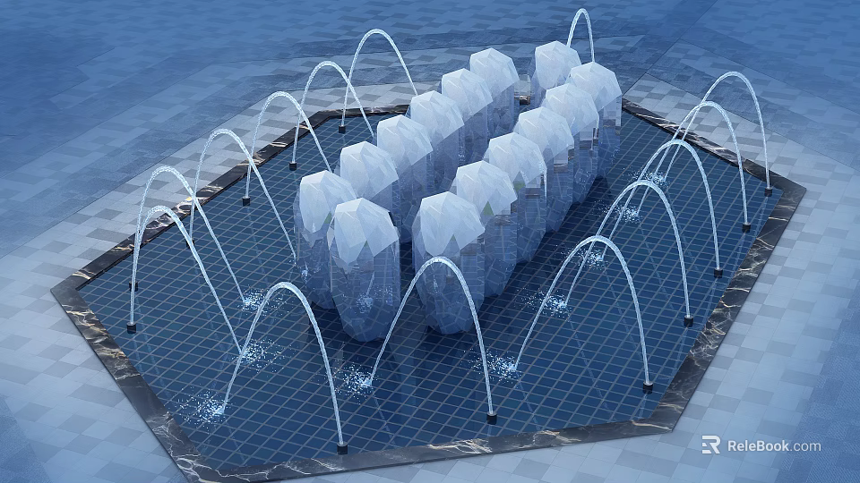 Neatly Arranged Garden Ornament With Transparent Objects And Curved Water Jets On Blue Ground 3d model 