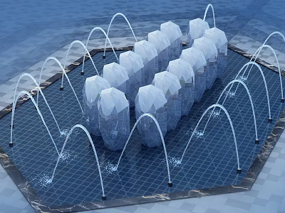 Neatly Arranged Garden Ornament With Transparent Objects And Curved Water Jets On Blue Ground 3d model