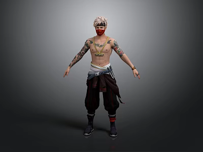 Detailed Tattooed Male Character With Pink White Hair Mask And Dark Pants 3d model