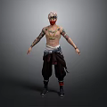 Detailed Tattooed Male Character With Pink White Hair Mask And Dark Pants