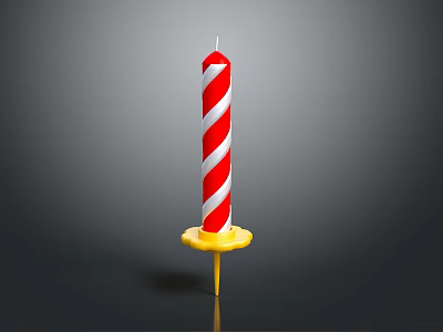 Decorative Red And White Striped Candle With Yellow Base Stand 3d model