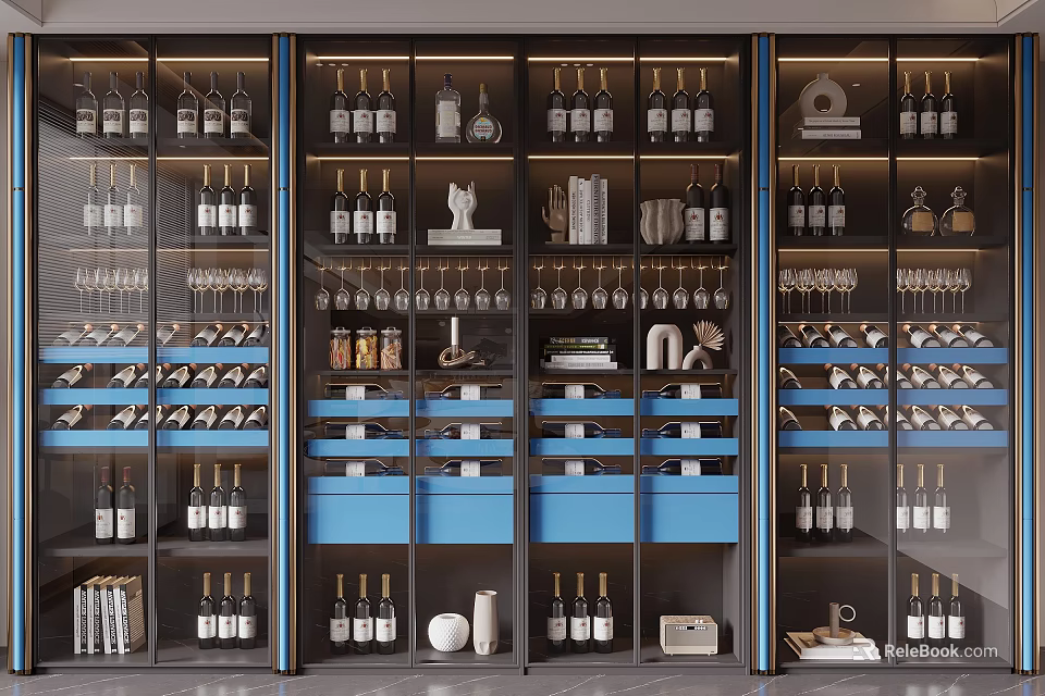 Modern Wine Cabinet With Glass Doors Displaying Wine Bottles Glasses Decorative Items And Blue Drawers 3d model 