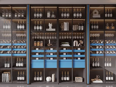 Modern Wine Cabinet With Glass Doors Displaying Wine Bottles Glasses Decorative Items And Blue Drawers 3d model